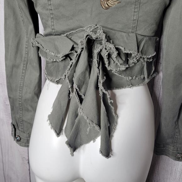 Haute Monde Raw Hem Dragon Embroidered Green Fringe Denim Jacket Womens Small - Picture 9 of 10